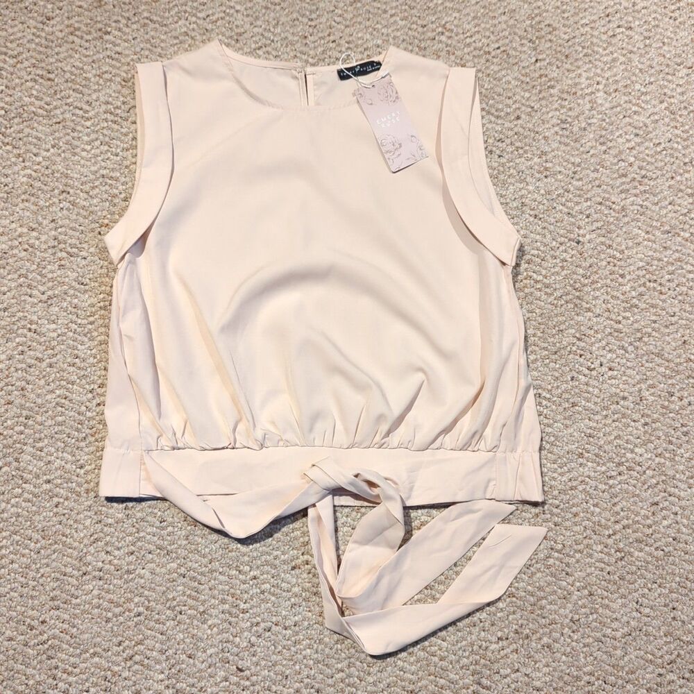 Emery Rose Blouse Top Womens Small Beige Elastic Waist Tie Front Sleeveless